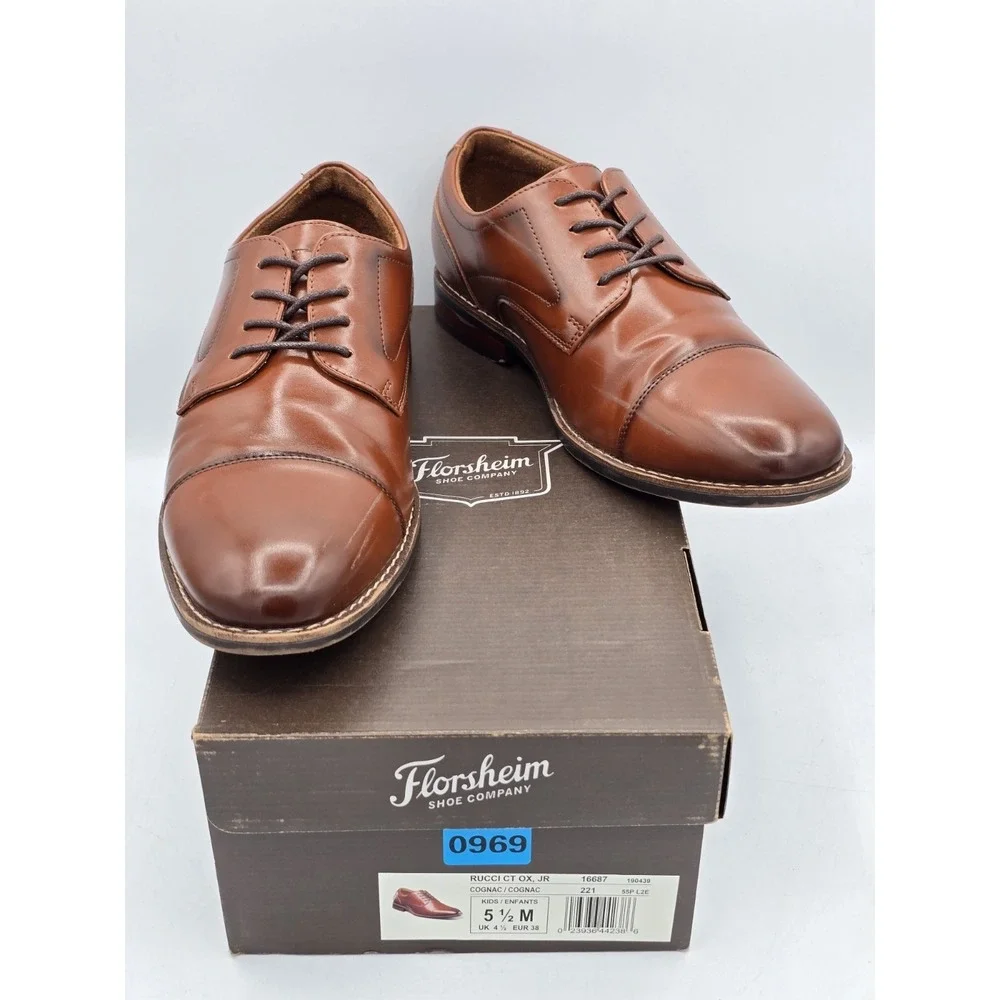 Florsheim Rucci Cap‎ Toe Ox Jr Boys' Toddler-Youth Oxford Cognac Sz 5.5 M